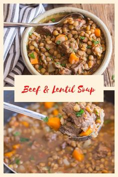 beef and lentil soup in a white bowl with a ladle full of it