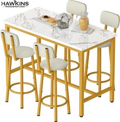 three stools and a table with food on it in front of a white background