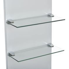 two glass shelves with metal brackets on each shelf