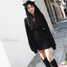 Qteee - Embroidered Hoodie Dress with Cat Ear Theme Fitted Casual Hoodie For Halloween, Casual Fitted Hoodie For Halloween, Cat Ear, Embroidered Hoodie, Hoodie Dress, Purple Black, Cat Ears, Color Purple, Season Spring