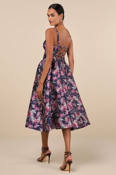 Charm your way through the crowd in the Lulus Attractive Essence Navy Floral Jacquard Midi Dress With Pockets! Lightweight woven jacquard, with a pink and green floral design throughout, shapes wide straps and a sweetheart neckline. Bodice has a sweetheart neckline and seamed cups with supportive underwire, as well as a flirty lace-up back. Paneled design boasts a gathered effect at the sides, shaping a full skirt with side seam pockets and a midi hem. Hidden zipper/clasp at back. Fit: This garm Floral Print Jacquard Midi Dress, Midi Length Jacquard Dress With Floral Print, Pink Jacquard Evening Dress, Spring Jacquard Midi Dress With Floral Print, Pink Jacquard Summer Dress, Green Floral Design, Midi Dress With Pockets, Floral Jacquard, Navy Floral