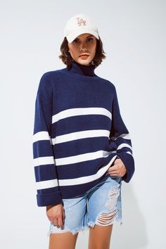 Q2 Navy blue turtle neck sweater in navy with stripes Navy Blue Turtleneck, Blue Turtle, Stripe Outfits, Turtle Neck Sweater, Wardrobe Outfits, Striped Turtleneck, Model Fits, Winter Sweaters, Striped Knit