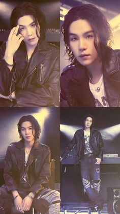 four different pictures of the same man in black leather jacket and white t - shirt