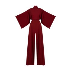 IO Jumpsuit features an exaggerated wide leg, pleat front detail, and a high waist perfectly balanced out with traditionally tailored Kimono style sleeves and a high neck with 3 button closures at the back of the neck and an elegant open back. Made in the UK. cold hand wash or dry clean Chic Jumpsuits For Women, Formal Jumpsuit Outfit, Women Jumpsuit Outfits, Kimono Jumpsuit, Cape Dresses, Elegant Jumpsuit, Mode Kimono, Formal Jumpsuit, Black Kimono