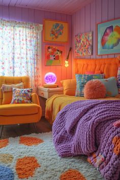 a bedroom decorated in bright colors with orange and purple accents, including a yellow chair