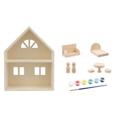 a doll house with furniture and accessories on a white background, including paintbrushes