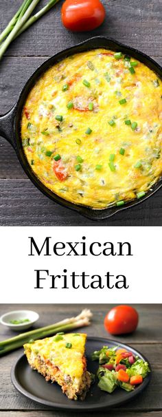 mexican frittata in a cast iron skillet with tomatoes and asparagus