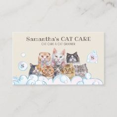 a business card with cats sitting on top of bubbles in the water and text, samantaa's cat care