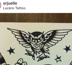 an owl tattoo design on a piece of white paper with stars and owls around it