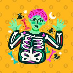 a skeleton with pink hair and green eyes is holding his hands up in the air