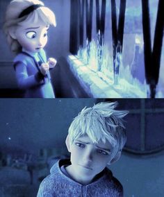 two pictures with the same caption for each character in frozen water, and an image of