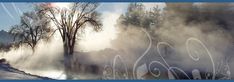 an image of steam rising out of the water with trees in the background and snow on the ground