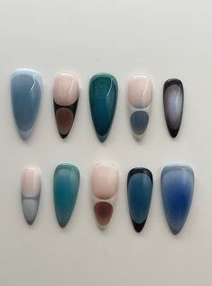 ✨ Funky Blue Aura Nail Set ✨ "Marie" Blue French With Design, Aura Circle Nails, Brown Blue Aura Nails, Simple Minimalistic Nails, Cool Simple Nail Art, Blue Pink Aura Nails, Jelly Nails Summer, Bare Nails With Design, James Turrell Nails