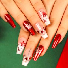 New 20 Piece Reusable Red Tipped Medium Length Square Fake Nails Stick On Nails Christmas, Red Glitter Press On Nails, Short Christmas Press On Nails, French Tip Nail Art, Coffin Press On Nails, Nail Candy, Snowflake Nails, Nails Red, Christmas Nails Acrylic