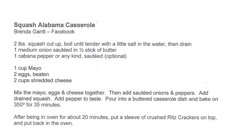 the recipe for squash alamna casserole is shown in black and white text