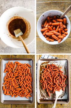 four pictures showing how to make carrots in the oven