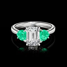 Ross-Simons - 2.00ct Lab Grown Diamond Ring, 1.00ct t. w. Emeralds in 14kt White Gold. Size 9. An RS exclusive. Treat yourself to a unique blend of lab-grown diamonds and mined precious gemstones at an incredible value. Our stunning three-stone ring features a fantastic 2.00 carat emerald-cut lab-grown diamond flanked by lush 1.00 ct. t. w. triangular emeralds. Finely crafted in polished 14kt white gold. Lab-grown diamonds are identical to mined diamonds according to their optical, physical and Physical And Chemical Properties, Pure Design, Diamond Birthstone, Three Stone Rings, Green Day, Precious Gemstones, 14kt Gold, Three Stone, Stone Ring