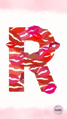 the letter r is made up of lipstick print on white paper with pink and red stripes