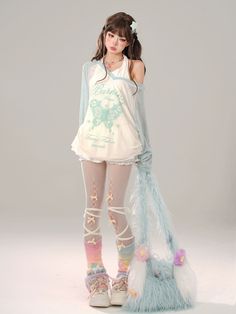 ❤Sheer Butterfly V-neck Long T + Halter Neck Camisole❤︎ Yabi Chinese Fashion, Butterfly Aesthetic Outfit, One Piece Egghead Outfits, Japanese Runway Fashion, 2000s Japanese Fashion, Pink Vest, Green Vest, Long T, Really Cute Outfits