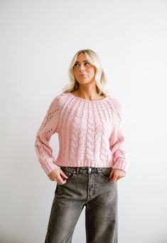 This is the perfect fp dupe! It is such a beautiful sweater with eye catching details and stitching. It is knit beautifully with an elegant scoop neck and cute sleeves! Get ready for your new favorite go to sweater! Fits true to size. Comes in 3 colors-pink, black and white. Model Info: Amaya is 5’10 wearing size small. Feminine Long Sleeve Sweater In Pointelle Knit, Feminine Long Sleeve Pointelle Knit Sweater, Pointelle Knit Cropped Sweater For Fall Layering, Fall Pointelle Knit Long Sleeve Cropped Sweater, Fall Long Sleeve Pointelle Knit Cropped Sweater, Crew Neck Pointelle Knit Cropped Sweater For Layering, Pointelle Knit Cropped Sweater For Layering, Crew Neck Cropped Sweater For Layering, Feminine Soft Knit Sweater For Fall