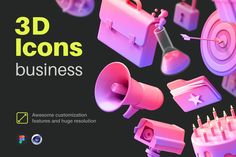 an advertisement for 3d icons business with pink and purple items in the background, including a speaker