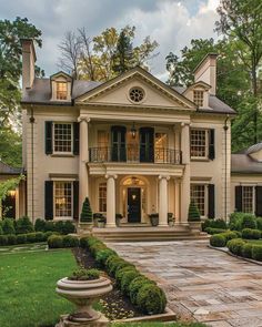 Warm Beige and Elegant Taupe Outside Paint Colors for a Cozy Exterior • 333+ Art Images French Home Exterior, Georgian Fireplace, Outside Paint Colors, Inspiring Lifestyle, Outside Paint, Mansion Exterior, Houses Exterior, House Plans Mansion