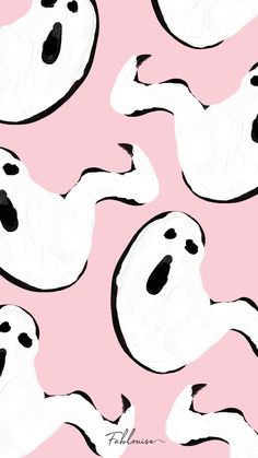 a pink background with black and white ghost faces