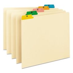 five folders with colored labels on them