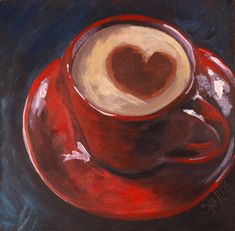 a painting of a red coffee cup with a heart in the foam on it's saucer