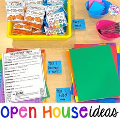 open house ideas are displayed on a table with scissors and other items to make an open house