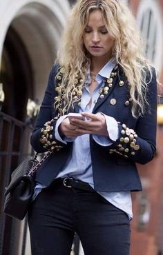 Embellished Blazer Diy, Blazer With Patches, Embellished Blazer, Embellished Denim, Navy Gold, Refashion Clothes, Gold Medal, Upcycle Clothes