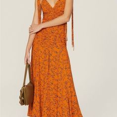 New With Tags Elegant Orange Ruched Midi Dress, Fitted Orange Ruched Maxi Dress, Fitted Ruched Orange Maxi Dress, Elegant Orange Ruched Dress, Spring Orange Ruched Maxi Dress, Orange Maxi Length Ruched Dress, Orange Ruched Maxi Dress, Orange Ruched Maxi Length Dress, Orange Ruched Maxi Dress For Spring