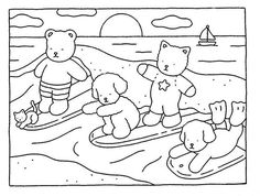 three teddy bears are sitting on the beach and one bear is standing in the water