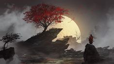 a man standing on top of a rock next to a tree in front of a full moon