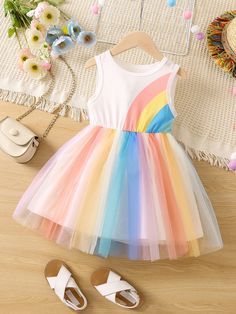 Multicolor Dulce Collar sin mangas Tela Color combinado A línea Embellished No-Elástico Shein Kids, Kids Dress Wear, Baby Frock, Baby Frocks Designs, Frock Design, Toddler Girl Dresses, Fashion Design Clothes, Toddler Girl Outfits