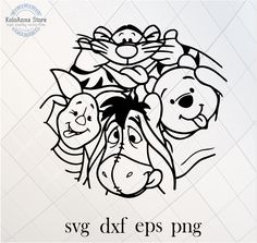 an image of winnie the pooh and friends with flowers on their heads in black ink