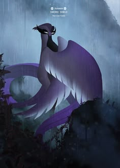 a purple bird sitting on top of a tree in the rain with its wings spread