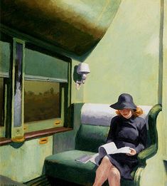 a painting of a woman sitting in a train car reading a book and looking out the window