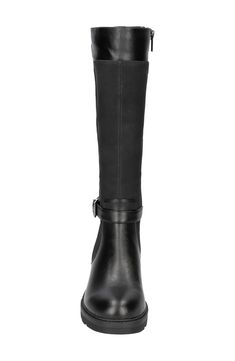 Curvily cut smooth and sueded panels wrap the shaft of this equestrian-style boot detailed with a buckled belt above the ankle and set on a grippy sole. 1 1/4" heel 15 1/4" shaft; 16 1/4" calf circumference Dual side-zip closures Cushioned insole Synthetic upper, lining and sole Imported Equestrian Style Boots, Utilitarian Style, Equestrian Boots, Platform Slippers, Easy Street, Maternity Shops, Wide Calf, Kids Sandals, Equestrian Style