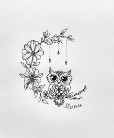 an owl is sitting on a branch with flowers