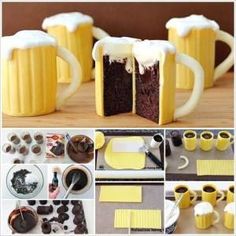 there are pictures of how to make a cake in the shape of beer mugs