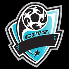 a soccer ball with a ribbon around it and the word city on top of it