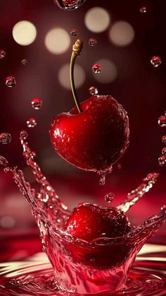 two cherries are falling into the water and splashing on top of each other