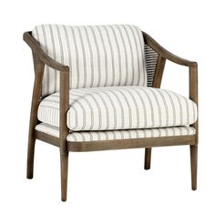 the arm chair is upholstered with ticking fabric and wood frame, while the seat has