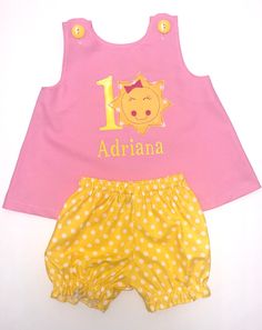 Our Little Sunshine dress and bloomers is the perfect outfit for a first birthday. The dress can be personalize with her name. -This unique Our Little Sunshine dress is made with a pink cotton fabric. -The bloomers are a yellow and white polka dotted fabric. -Name can be added to dress for no additional charge. Available in sizes 9 months, 12 months, and 18 months Toddler sizes also available The colors of the outfit can be customized to fit your party. Yellow Summer Dress For First Birthday, Yellow Dress For First Birthday In Summer, Summer Birthday Sets With Ruffles, Summer Birthday Ruffled Sets, Our Little Sunshine First Birthday, Little Sunshine First Birthday, Sunshine First Birthday, Sunshine Dress, First Birthday Dress