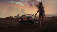 a woman standing next to a car in the desert