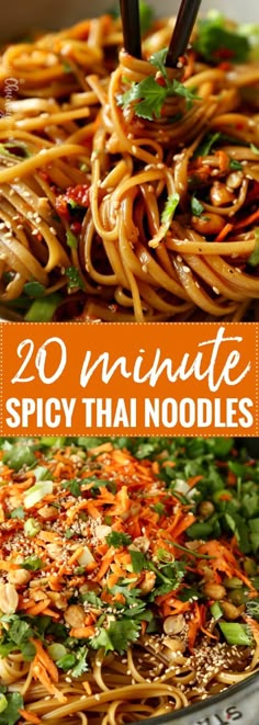 some noodles and vegetables in a pan with the words 20 unique spicy thai noodles