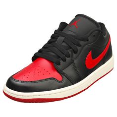 The Womens AIR JORDAN 1 LOW from Nike combines a Leather & Synthetic upper with a durable Rubber sole. These Fashion Trainers feature Lace-Up fastening, Textile insole and Textile lining. Finished with Nike branding, the style DC0774-061 comes in a Black Red colourway. Style: AIR JORDAN 1 LOW Outer: Leather & Synthetic Lining: Textile Fastening: Lace-Up Sole: Rubber Colour: Black Red Sup. Ref.: DC0774-061 NOTICE FOR EU CUSTOMERS: YOU ARE RESPONSIBLE FOR IMPORT DUTIES AND VAT AT THE DESTINATION COUNTRY FOR ANY ORDERS ABOVE 150 EUROS Mens Womens Kids Brands LOW COST UK DELIVERY RATES LOW INTERNATIONAL DELIVERY RATES 30 DAYS RETURN POLICY Nike Air Jordan 1 Low Womens Black Red Fashion Trainers The Womens AIR JORDAN 1 LOW from Nike combines a Leather & Synthetic upper with a durable Rubber sol Jordan 1 Low Bred, Womens Air Jordan 1, Jordan Dunks, Womens Air Jordan, Fashion Trainers, Gymnastics Shoes, Nike Branding, Nike Air Jordan 1 Low, Womens Air Jordans