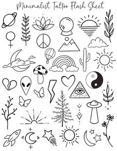 a set of black and white hand drawn symbols