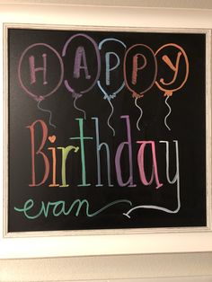 a chalkboard with the words happy birthday evan written on it